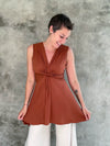 women's plant based stretchy rayon jersey v-neck twist front wide band copper burnt orange sleeveless tunic #color_copper