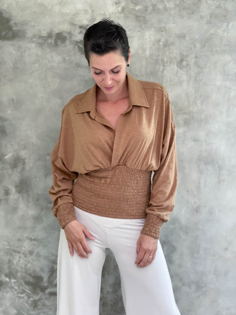 caraucci women's cotton golden brown v neck long sleeve dolman sleeve collared top with smocked waistband and cuffs #color_camel