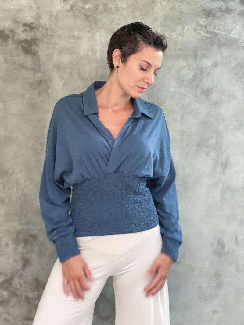 caraucci women's cotton dusty blue v neck long sleeve dolman sleeve collared top with smocked waistband and cuffs #color_pacific