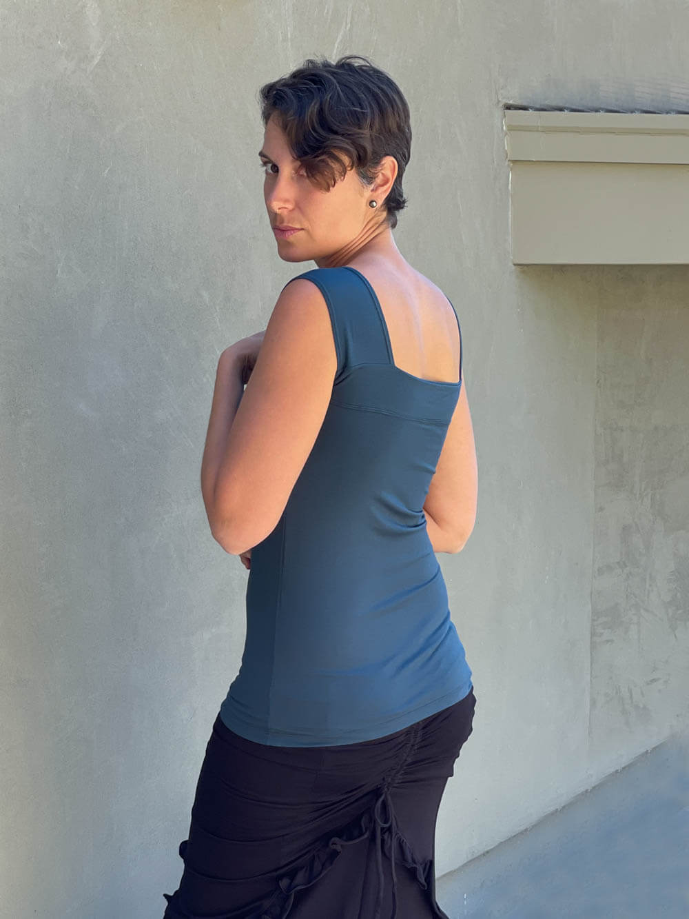 women's plant based rayon jersey stretchy teal blue square neck cap sleeve t-shirt #color_teal