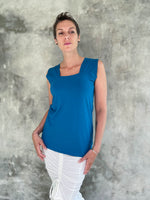 women's plant based rayon jersey stretchy turquoise blue square neck cap sleeve t-shirt #color_cosmo