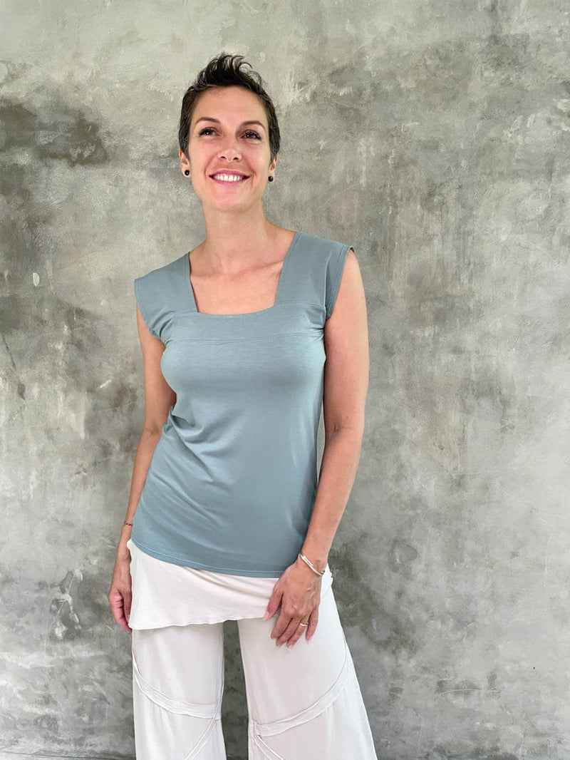 women's plant based rayon jersey stretchy sage green square neck cap sleeve t-shirt #color_moss