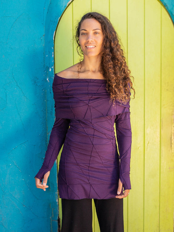 women's plant-based textured jersey long sleeve versatile cowl neck purple tunic with thumbholes #color_plum