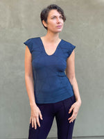 women's plant based rayon jersey stretchy textured cap sleeve navy blue v-neck t-shirt #color_navy