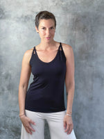 caraucci scoop neck black tank top with cut out accents #color_black