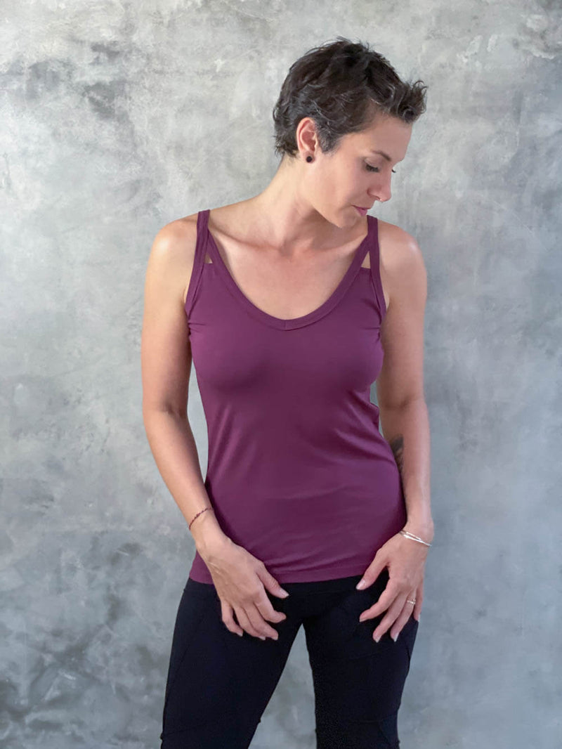 caraucci scoop neck purple tank top with cut out accents #color_jam