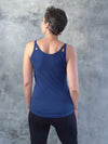 caraucci scoop neck navy blue tank top with cut out accents #color_navy