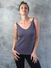 caraucci scoop neck steel grey tank top with cut out accents #color_steel