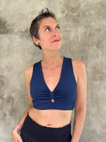 caraucci women's plant-based stretchy rayon jersey activewear navy blue bra top #color_navy