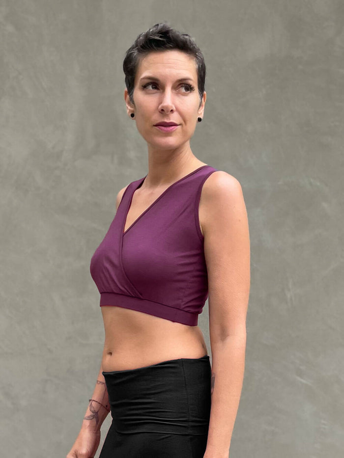 caraucci plant-based rayon stretch jersey purple cross over v neck bra top #color_jam