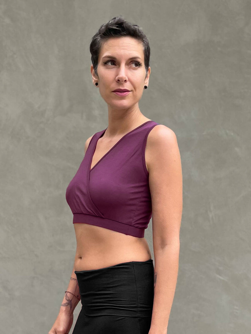 caraucci plant-based rayon stretch jersey purple cross over v neck bra top #color_jam