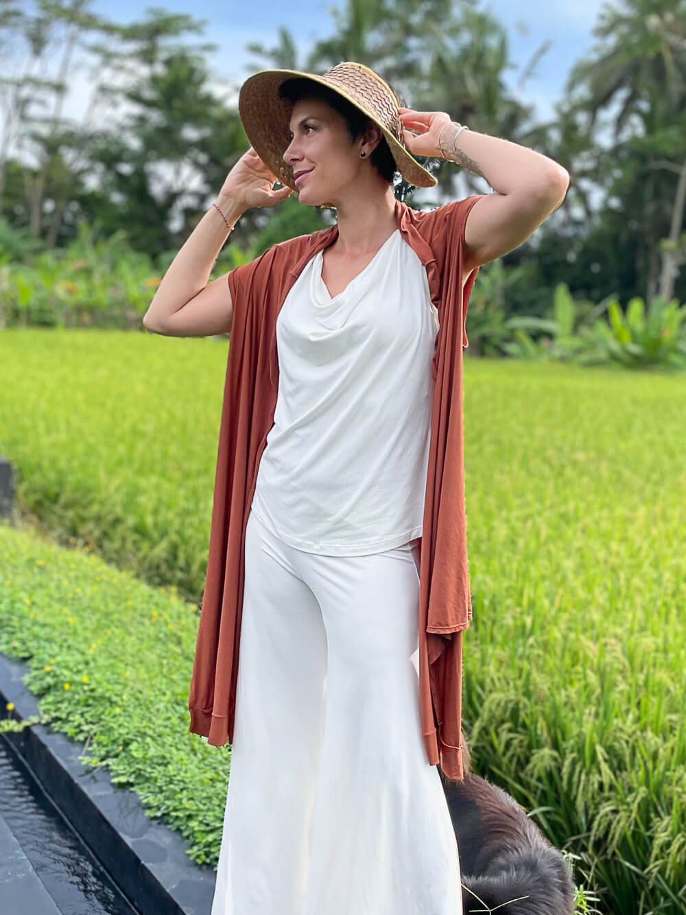 caraucci plant-based rayon jersey convertible burnt orange copper wrap vest can be worn multiple way #color_copper