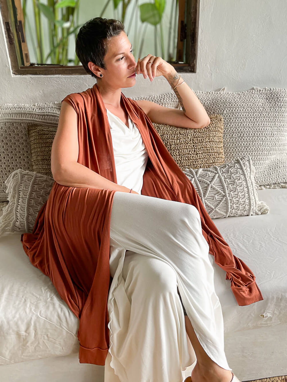 caraucci plant-based rayon jersey convertible burnt orange copper wrap vest can be worn multiple way #color_copper