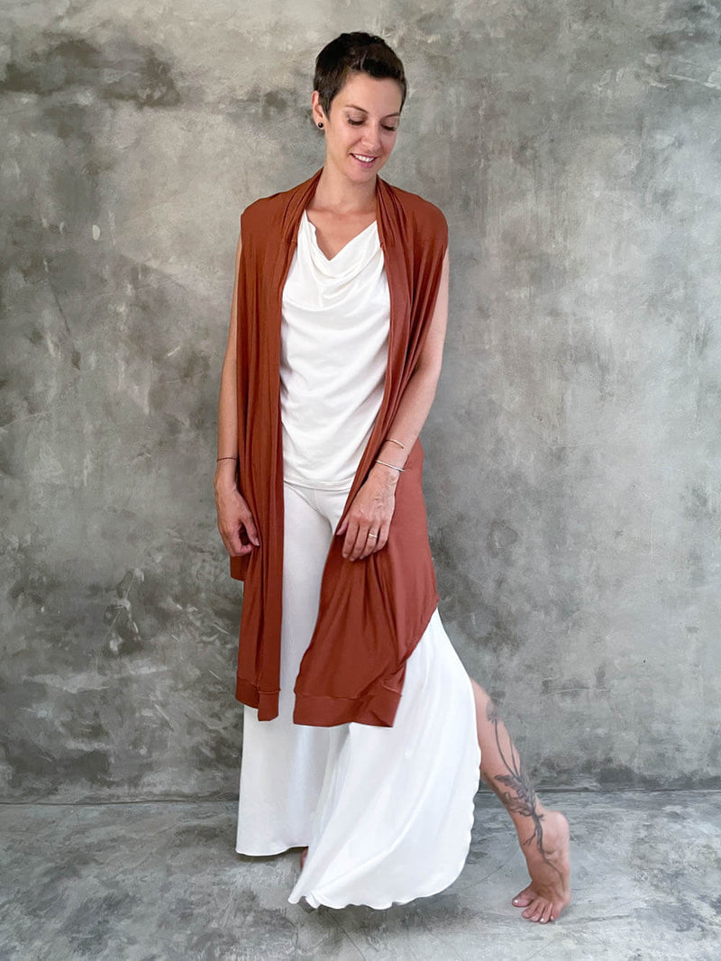 caraucci plant-based rayon jersey convertible burnt orange copper wrap vest can be worn multiple way #color_copper