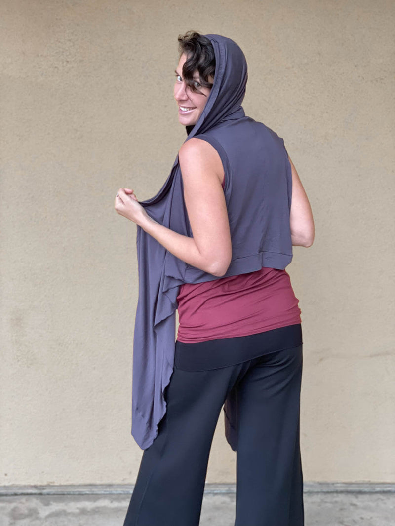 caraucci plant-based rayon jersey convertible steel grey wrap vest can be worn multiple ways #color_steel