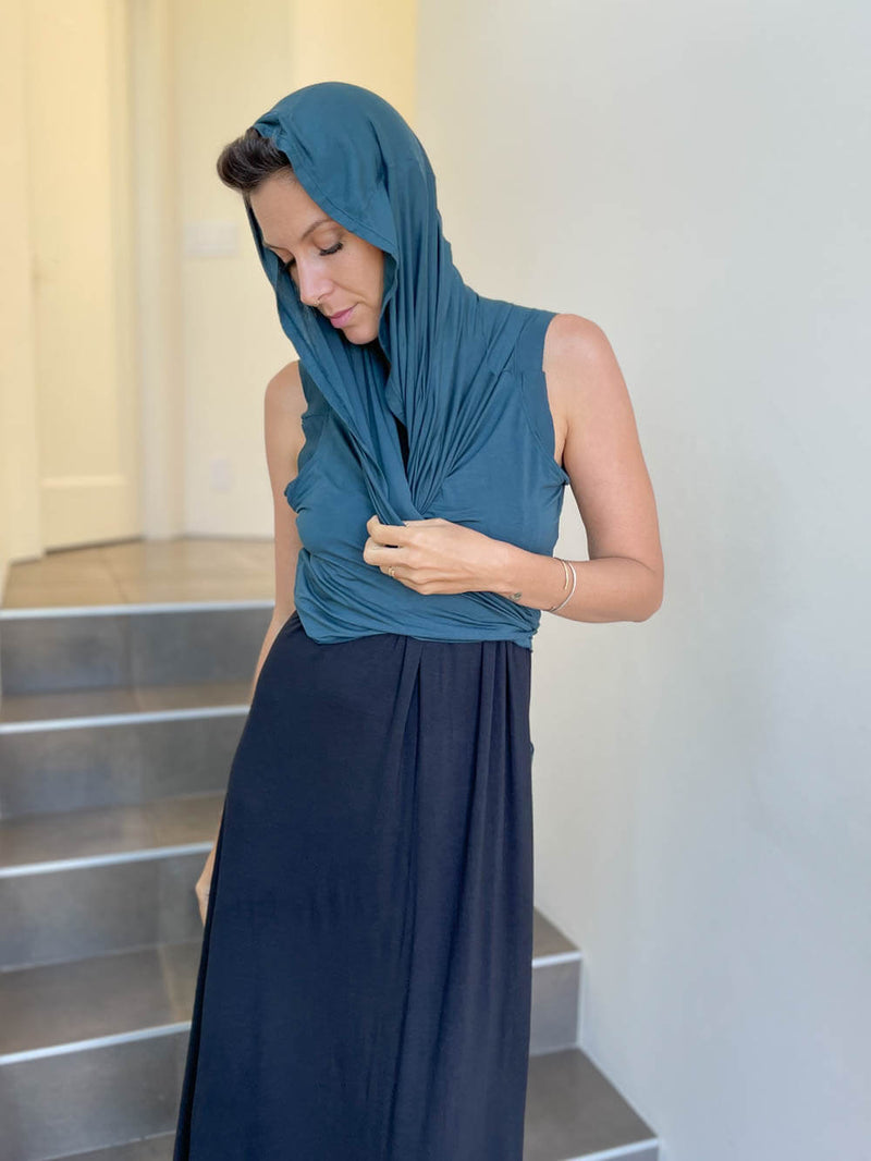 caraucci plant-based rayon jersey convertible teal blue wrap vest can be worn multiple ways #color_teal
