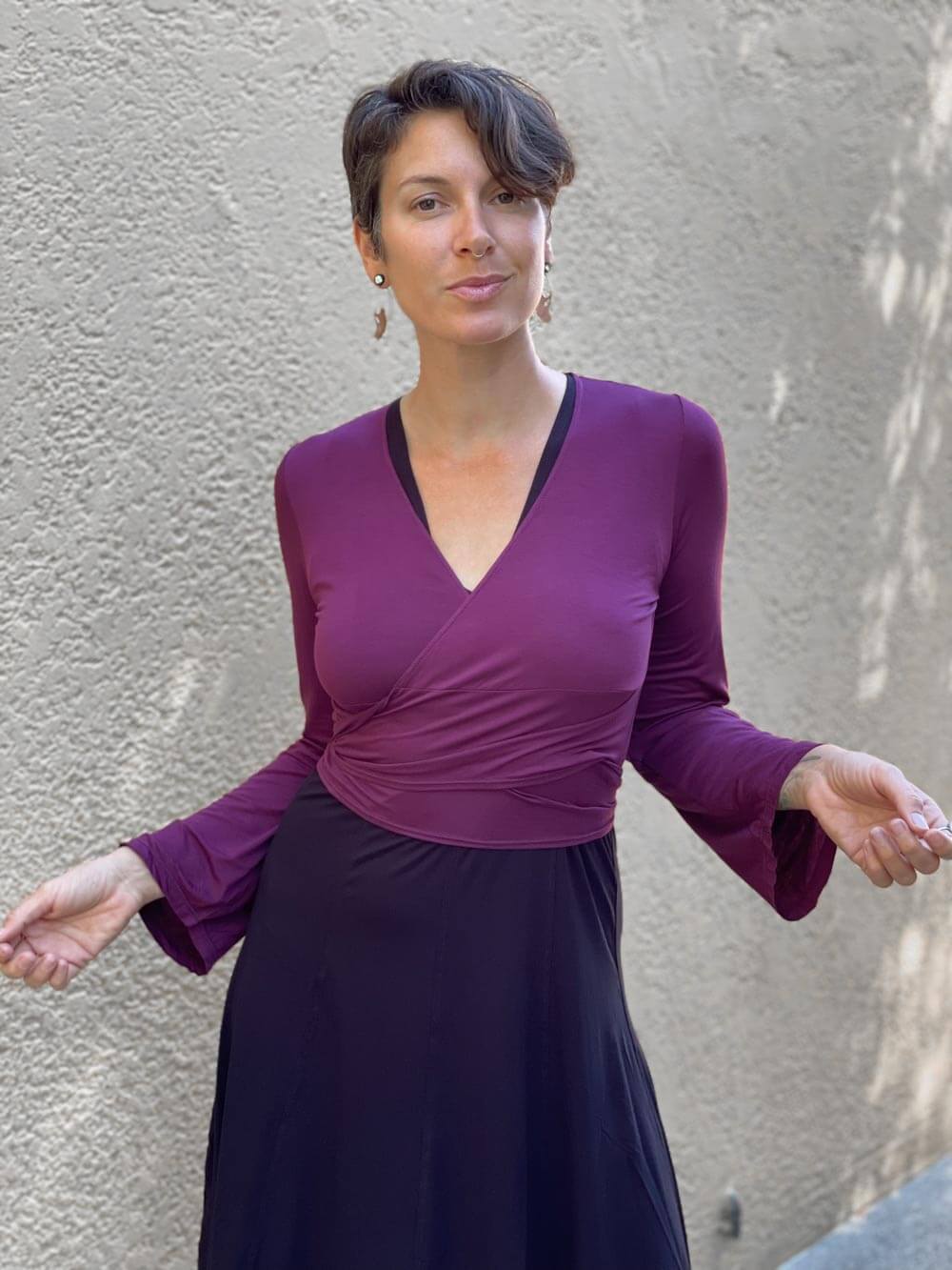 caraucci women's plant-based rayon jersey purple wrap shrug can also be worn as a top #color_jam