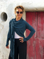 womens long sleeve natural rayon jersey versatile teal wrap jacket with thumbholes that can be worn 2 ways #color_teal