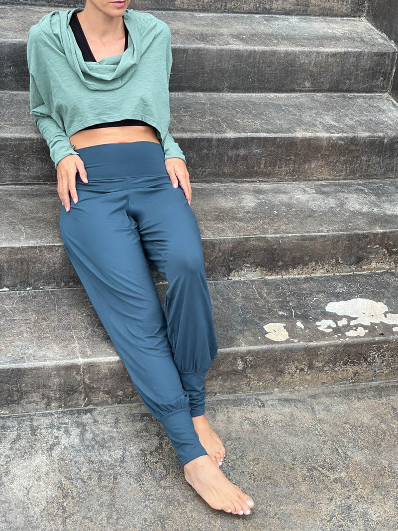 caraucci women's natural jersey comfortable loose fit teal blue slim jogger pants with fold over waistband  #color_teal